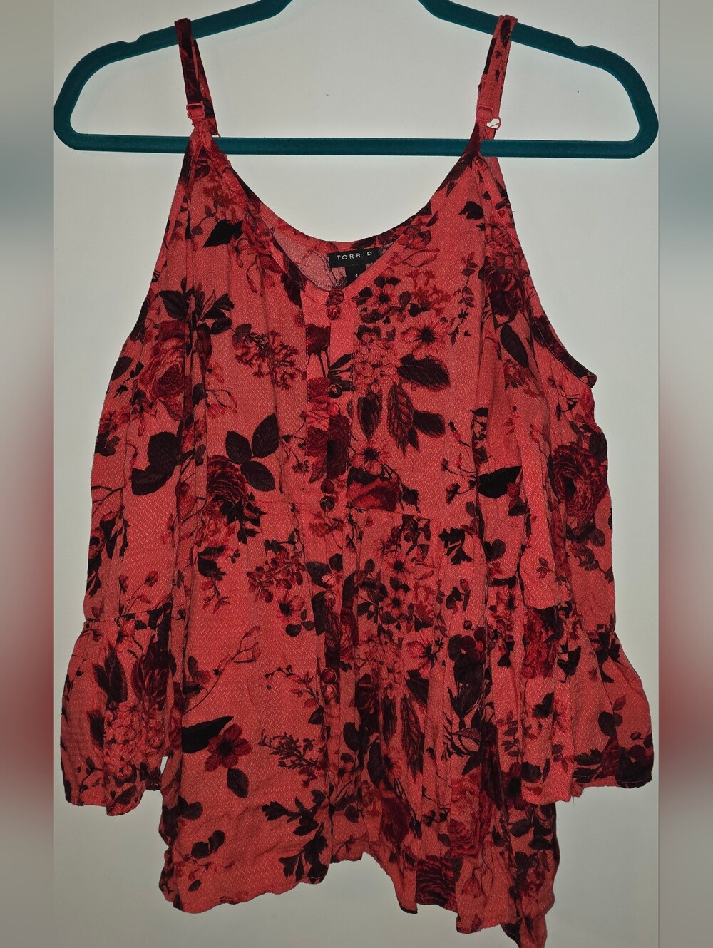 torrid Coral Red Floral Button-Front Cold Shoulder Cami